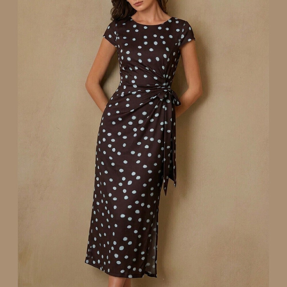 Black Polka Dot Cap Sleeve Side-Tie Maxi Dress